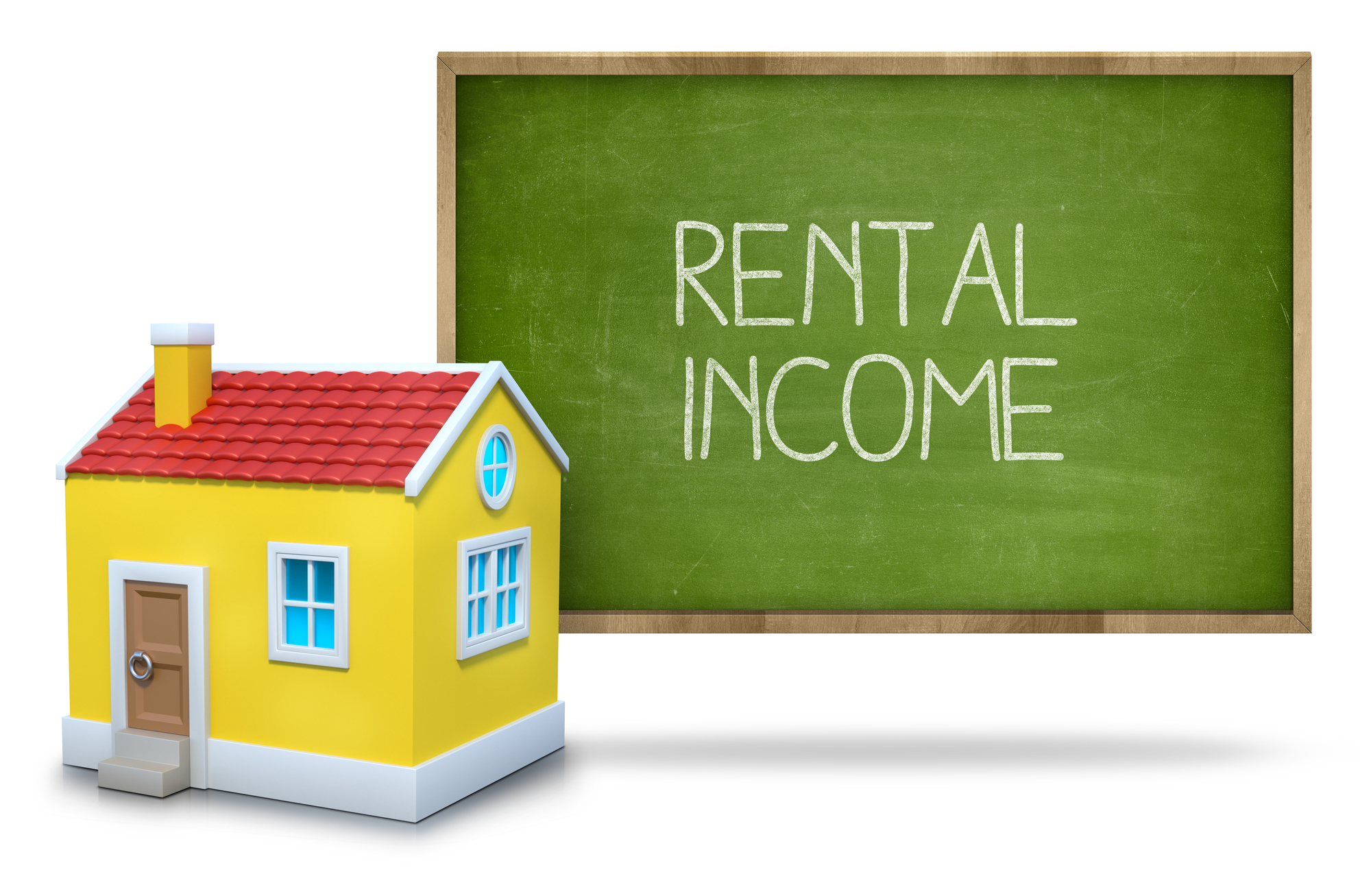 Rental income text on blackboard with 3d house